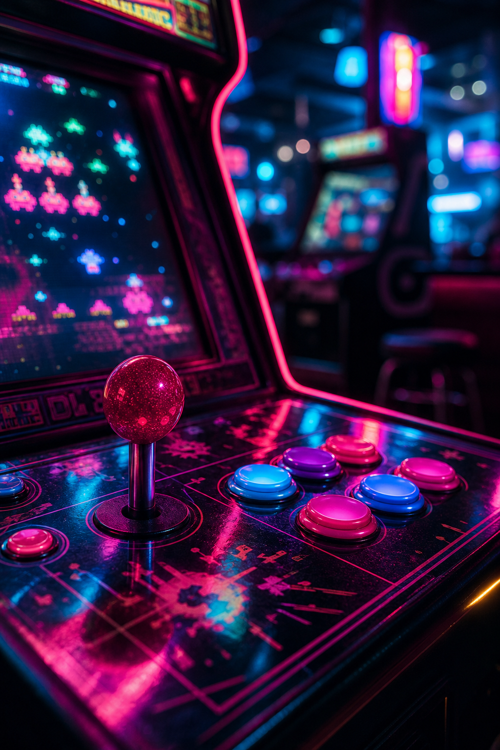 Moody close-up of retro arcade controls with cyan and fuchsia neon reflections on glossy surfaces