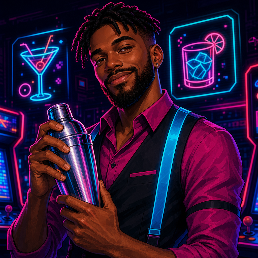 Stylized neon portrait of Devon Sparks, Pixel Pulse bar lead