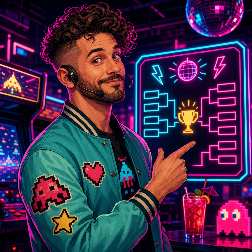 Stylized neon portrait of Rico Byte, Pixel Pulse events host