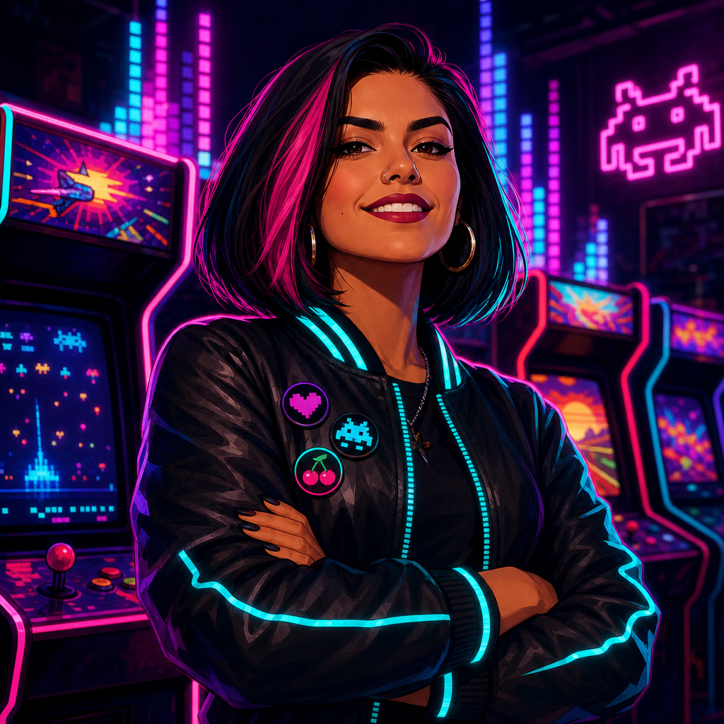 Stylized neon portrait of Maya Ortiz, Pixel Pulse founder