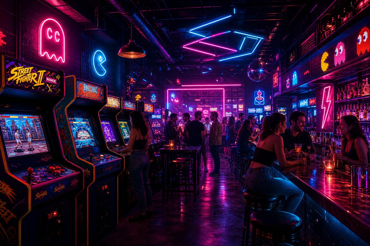 Glowing retro arcade bar interior with classic cabinets, neon cyan and fuchsia lighting, and a lively social nightlife atmosphere