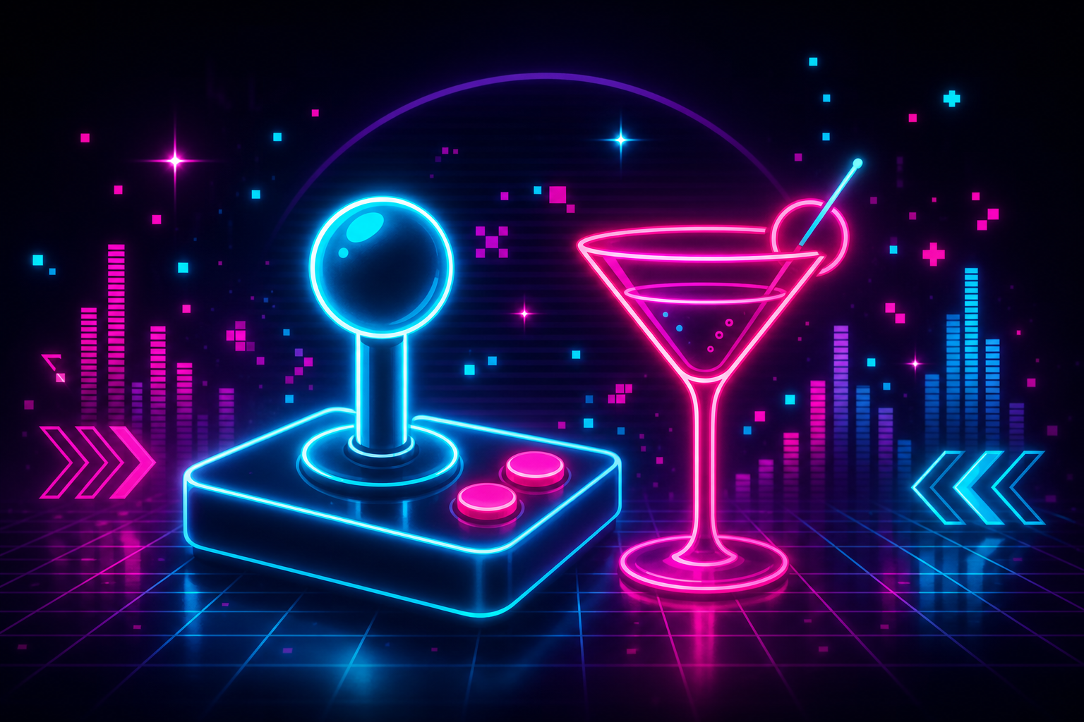 Abstract neon arcade nightlife illustration with glowing joystick silhouette, cocktail glass lines, and retro grid accents
