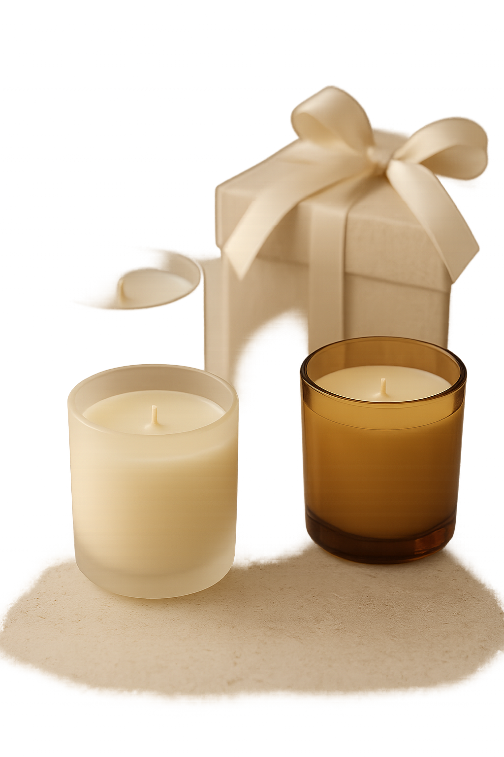 Close-up still-life of artisan candle vessels showing creamy wax texture and elegant gift-ready packaging details