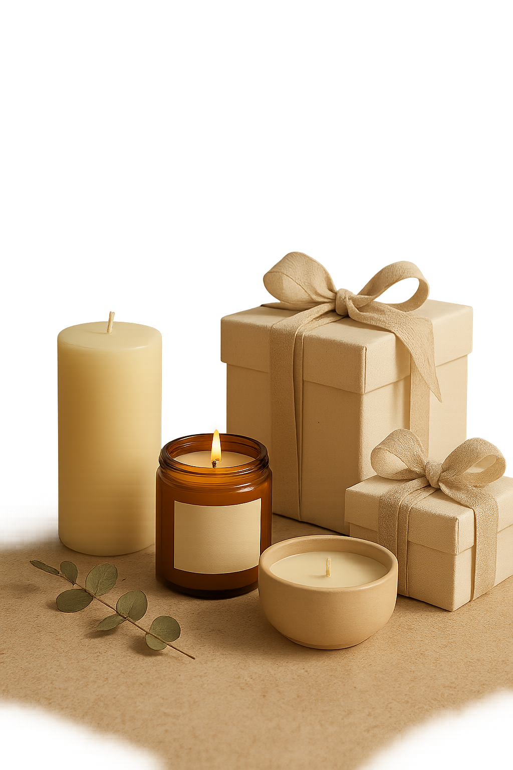 Refined still-life of handmade candles with elegant packaging on a warm surface