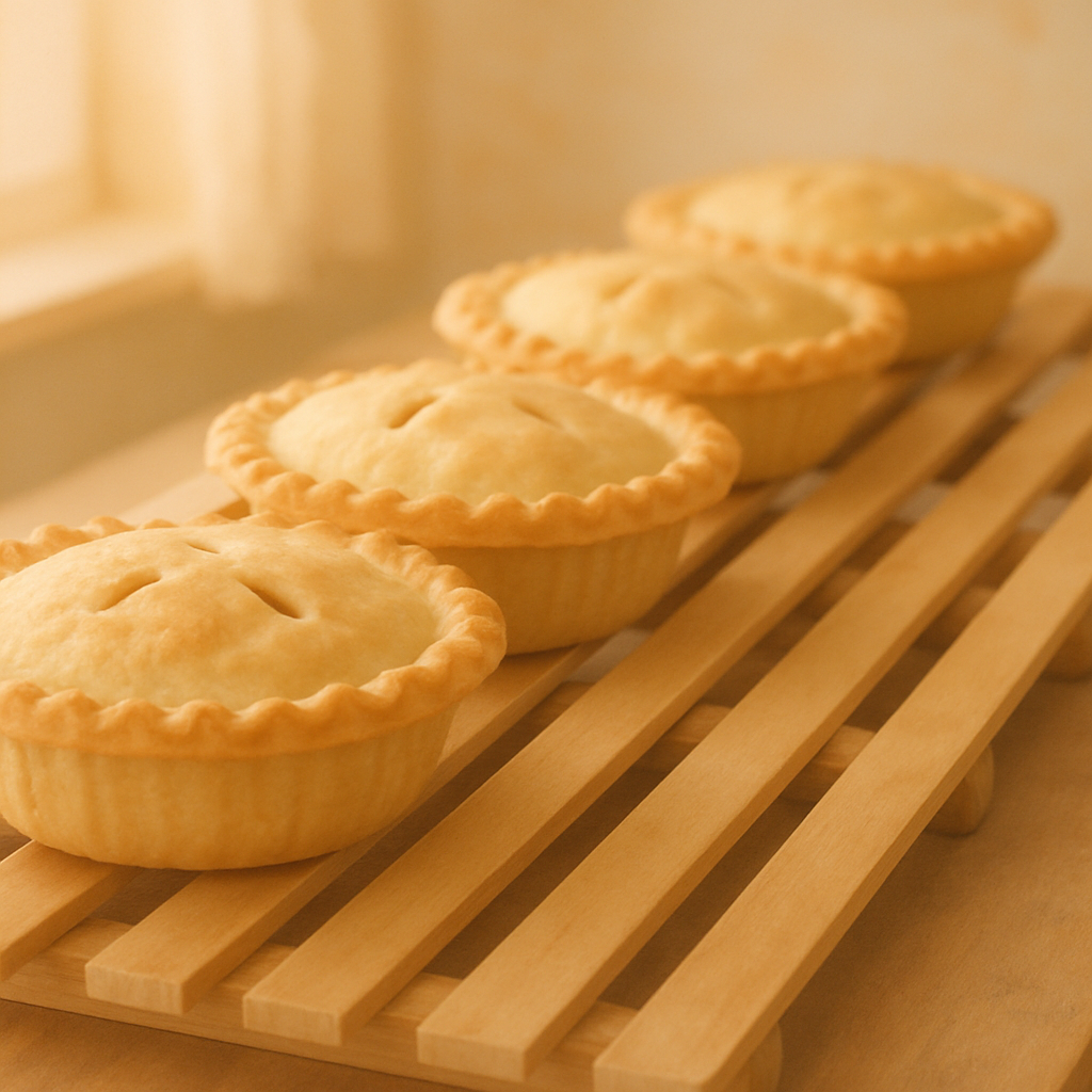 A row of golden, freshly baked pies cooling on a wooden rack