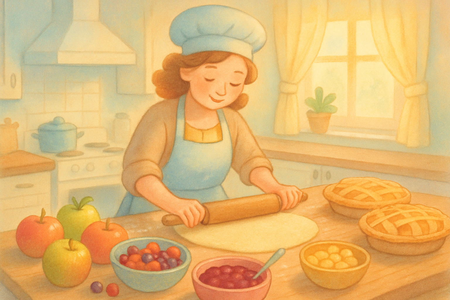 A baker in a cozy kitchen rolling out dough, surrounded by fresh apples, berries, and bowls of filling, with golden pies cooling on a wooden counter