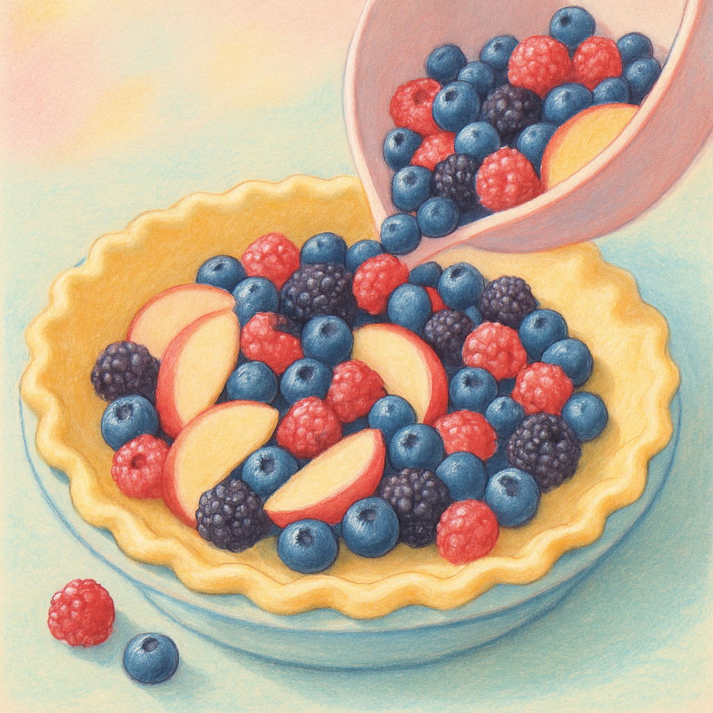 Filling a homemade pie crust with fresh mixed berries and apples