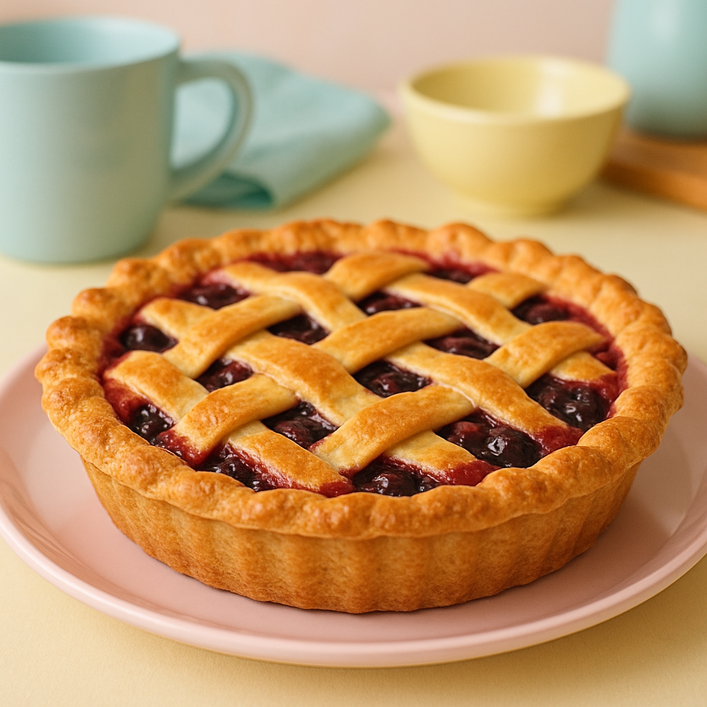A delicious homemade pie with golden crust and berry filling, on a pastel plate, styled for a cheerful bakery