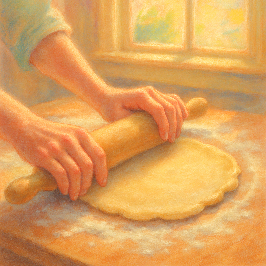Closeup of hands rolling pie dough on a floured surface, sunlight streaming through a kitchen window