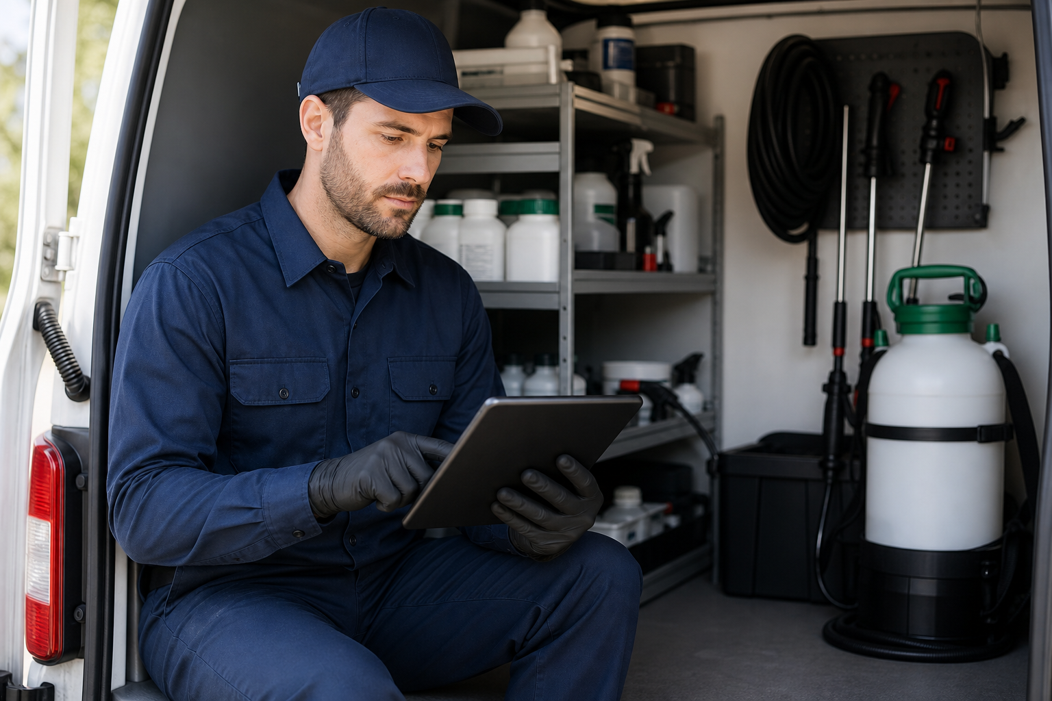 Pest control technician reviewing a tablet dashboard in a service van, with tidy equipment and a professional uniform