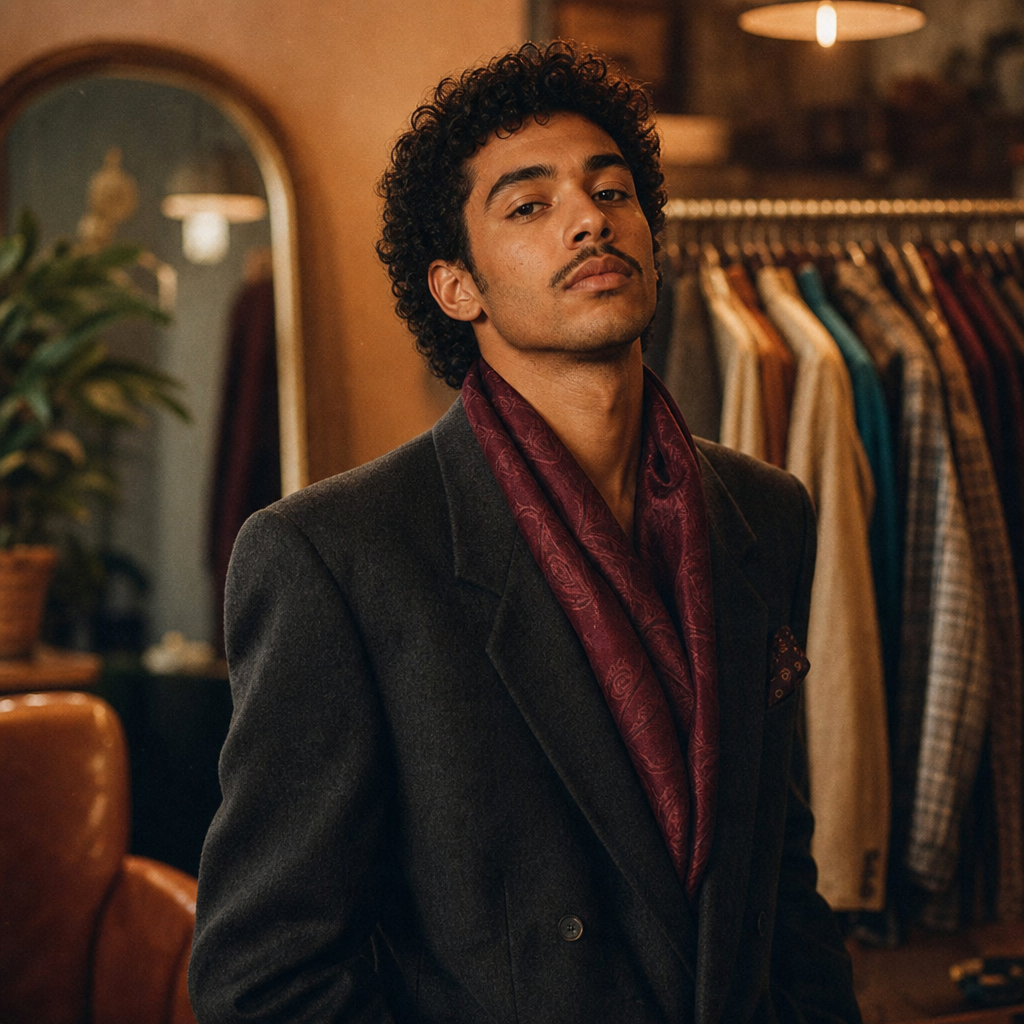 Portrait of Elliot in a charcoal blazer with a burgundy silk scarf