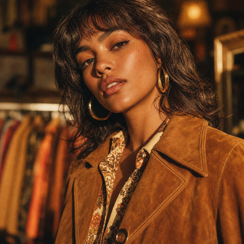 Portrait of Marisol wearing a caramel suede jacket and hoop earrings