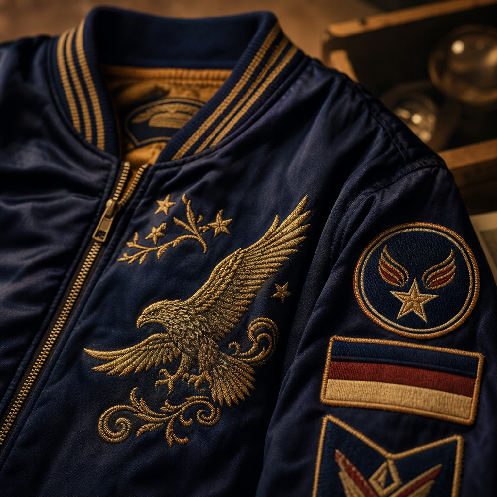 Close-up of a midnight navy embroidered bomber jacket with gold thread and vintage patches