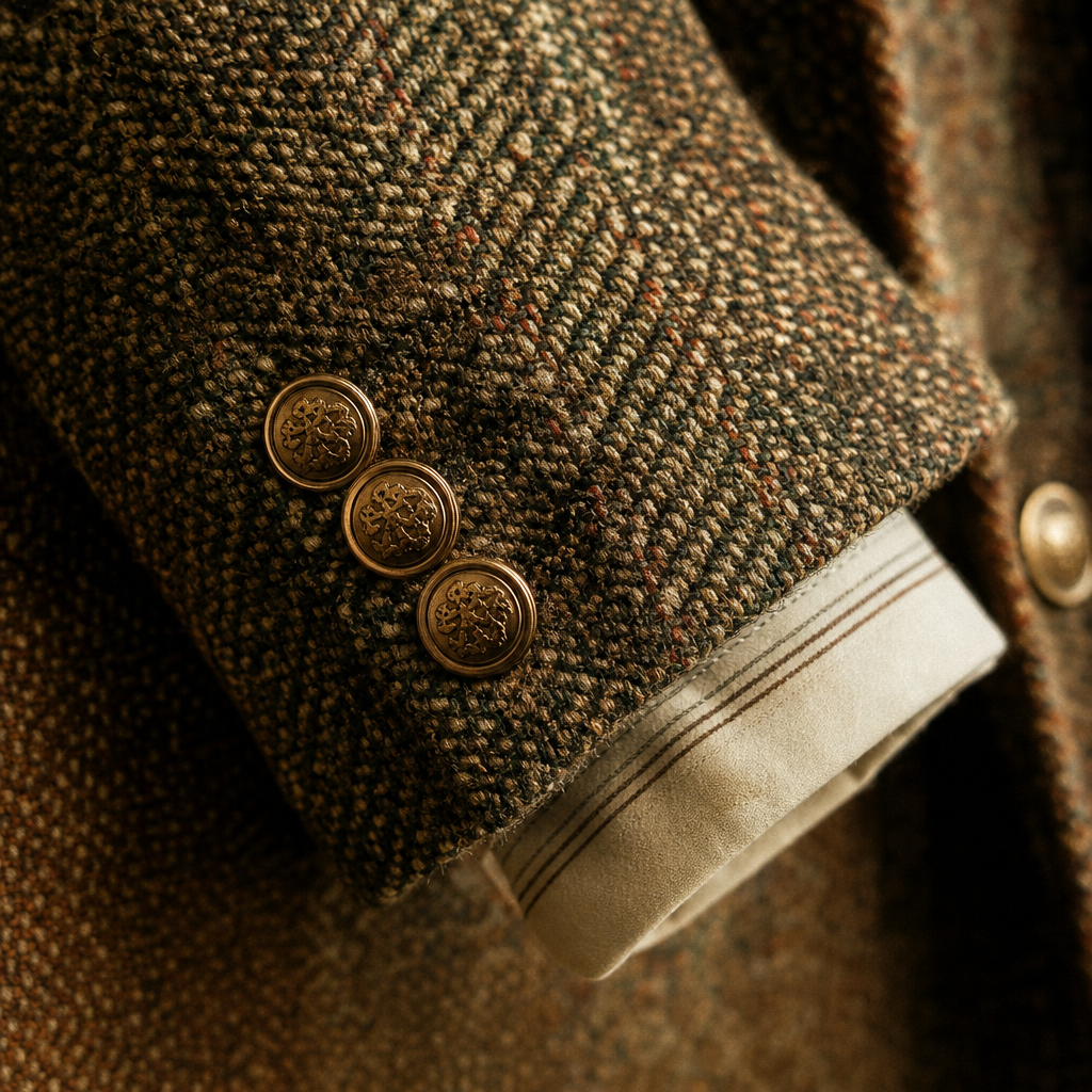 Macro view of textured tweed fabric and vintage brass buttons in warm studio lighting