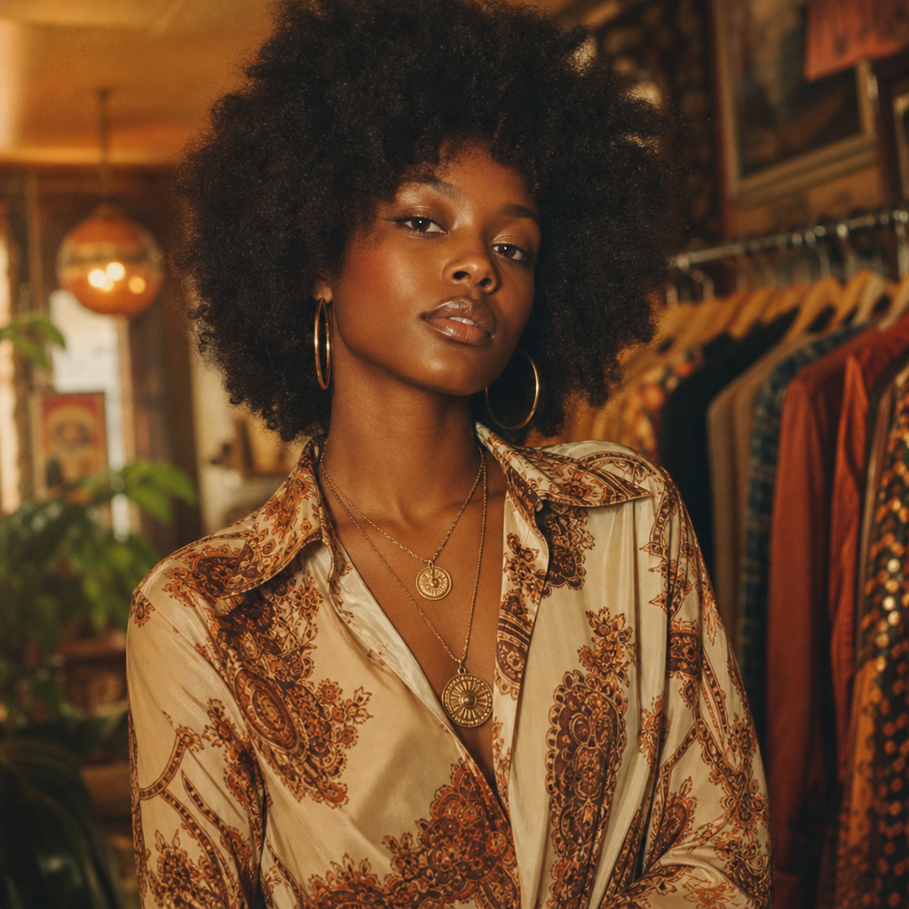 Portrait of Sienna with a patterned silk blouse and layered gold necklaces
