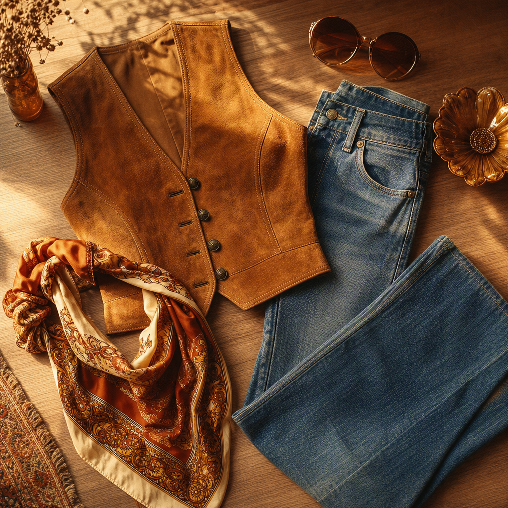 Sunlit flatlay of a caramel suede vest, high-waisted flared jeans, and a printed silk scarf styled in a 1970s palette