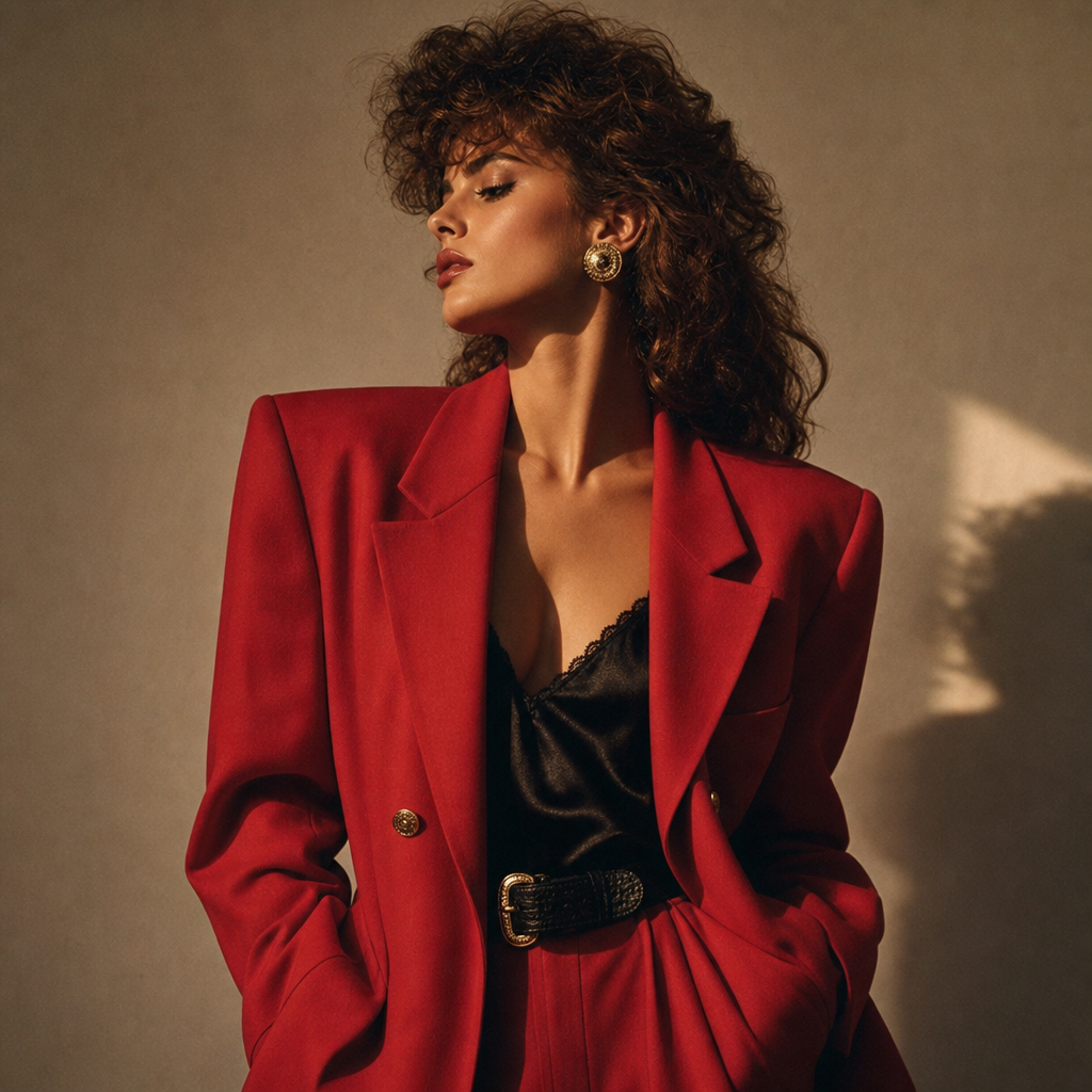 Studio shot of a cherry-red power blazer with bold shoulders layered over a black satin camisole