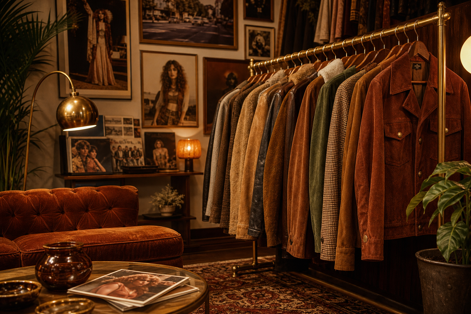 Warmly lit vintage boutique interior with a 1970s rack of earthy-toned jackets, a velvet sofa, and nostalgic decor