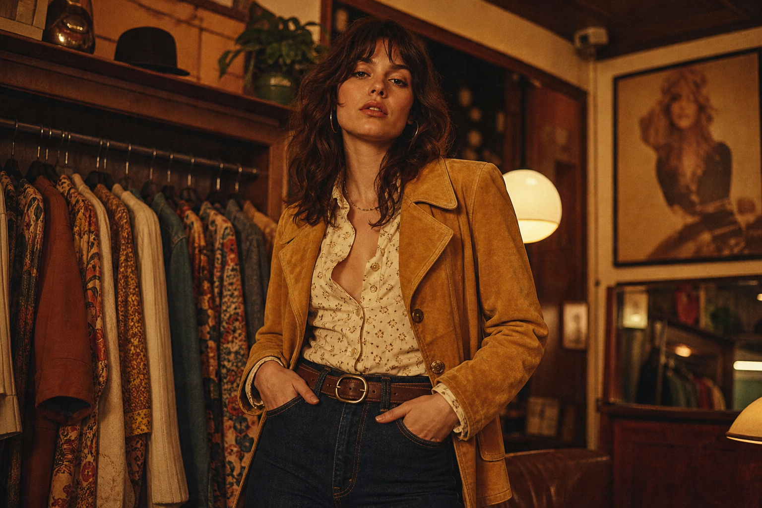 confident model wearing a mustard suede jacket over a patterned blouse with high-waisted denim, photographed in warm film lighting
