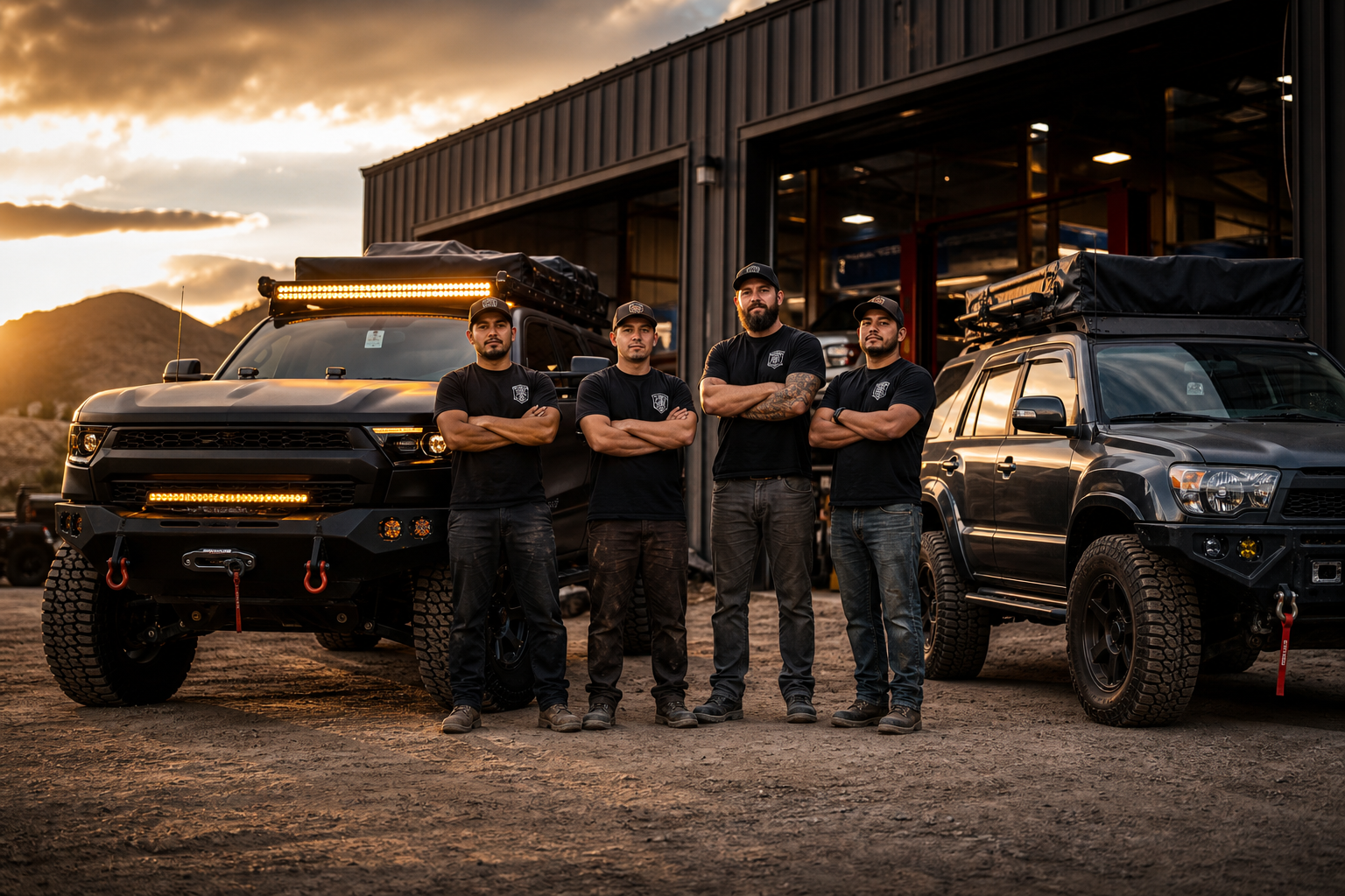 DOA team with modified off-road trucks outside a premium workshop after a trail day