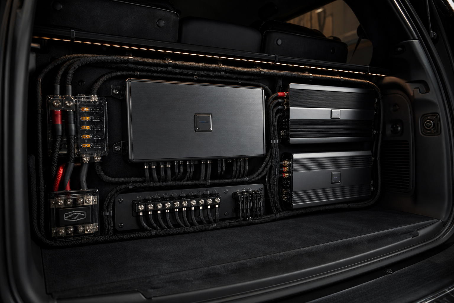 Amplifier rack with clean loomed wiring and labeled distribution blocks
