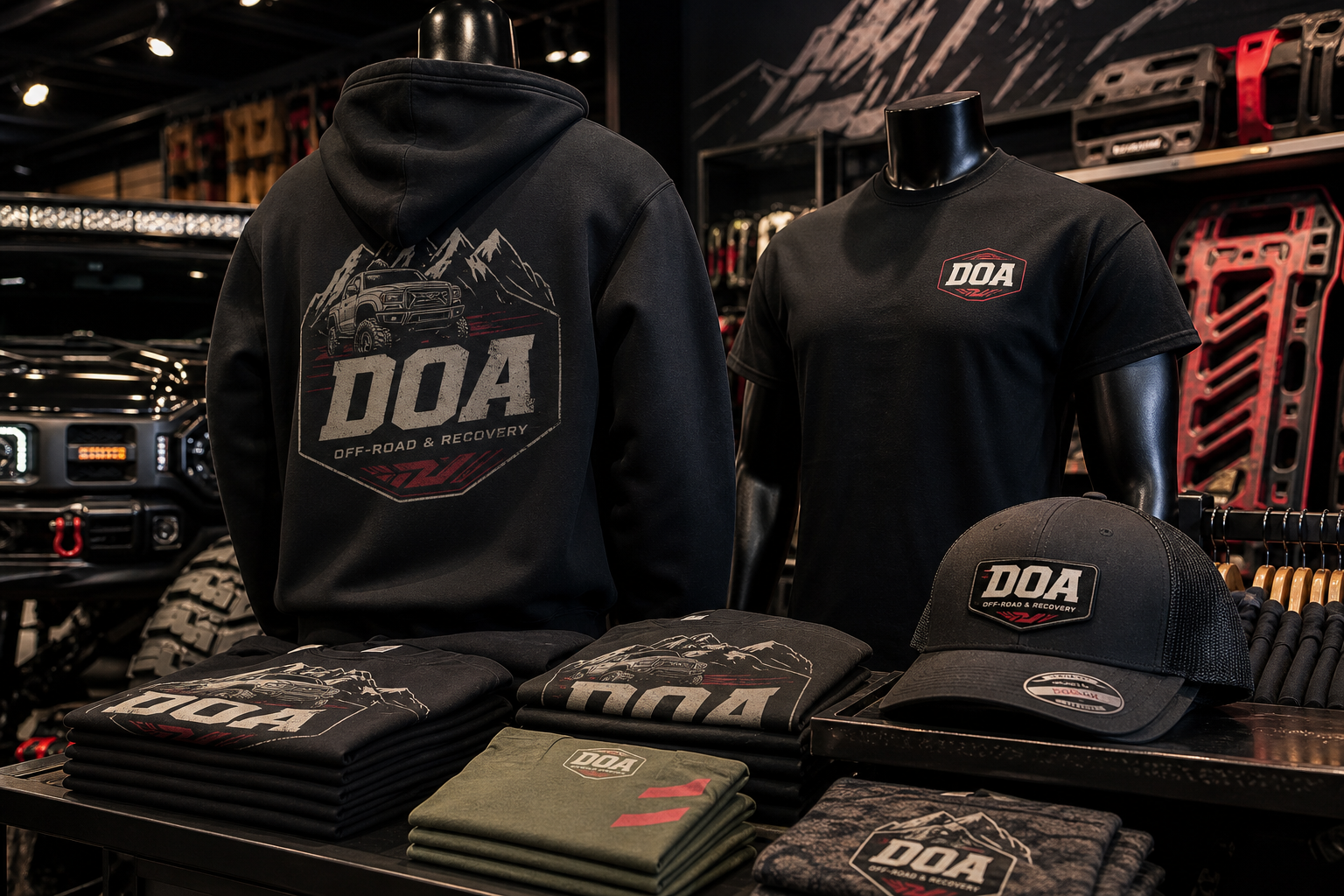 DOA branded apparel including hoodies hats and shirts