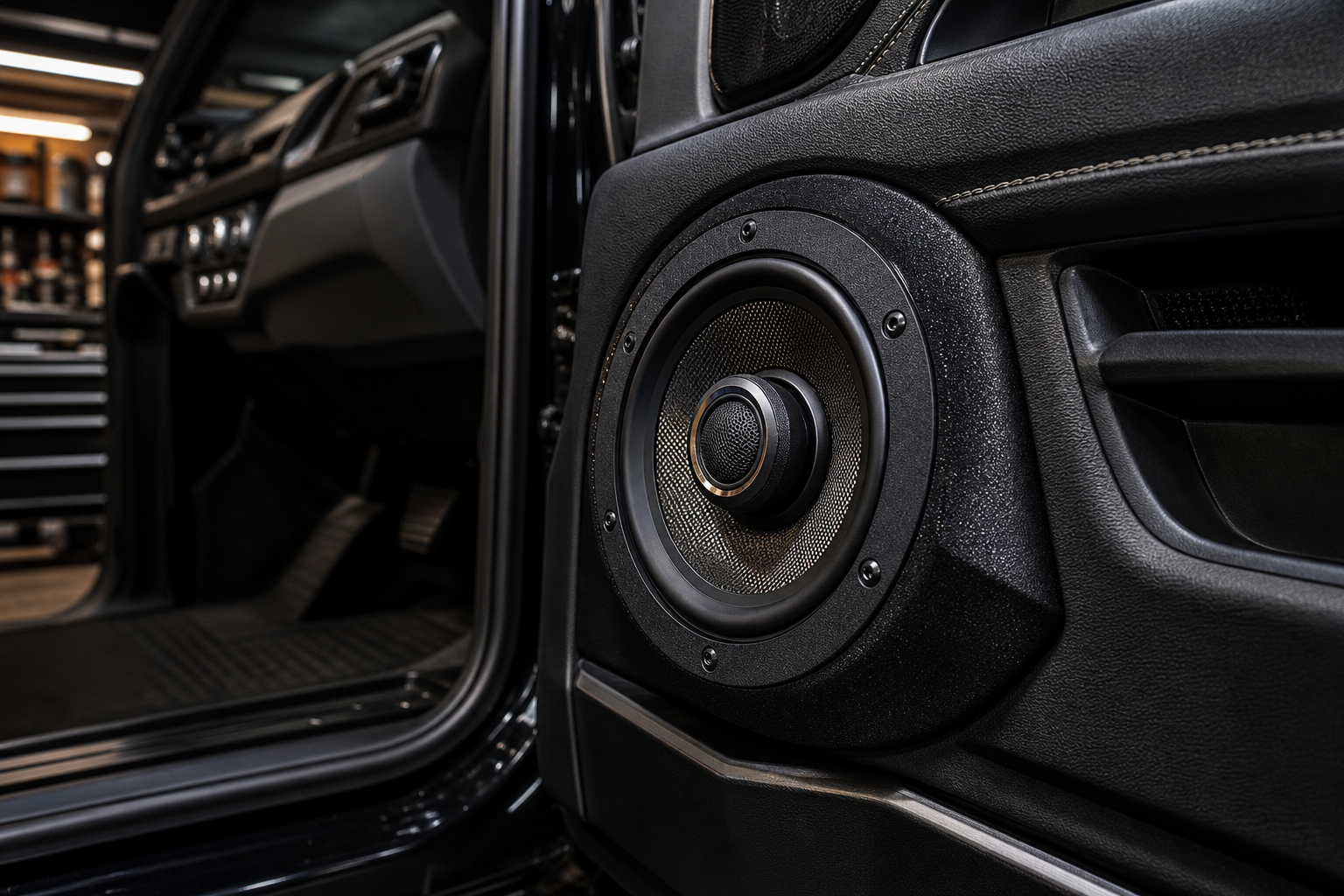 Close-up of premium door speaker install with custom trim ring