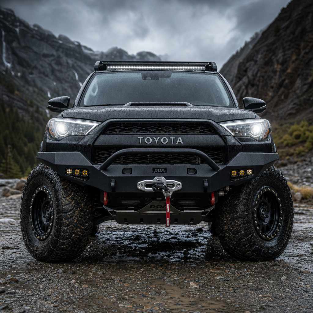 Black Toyota 4Runner front view with steel bumper, recovery winch, and oversized mud-terrain tires on wet gravel