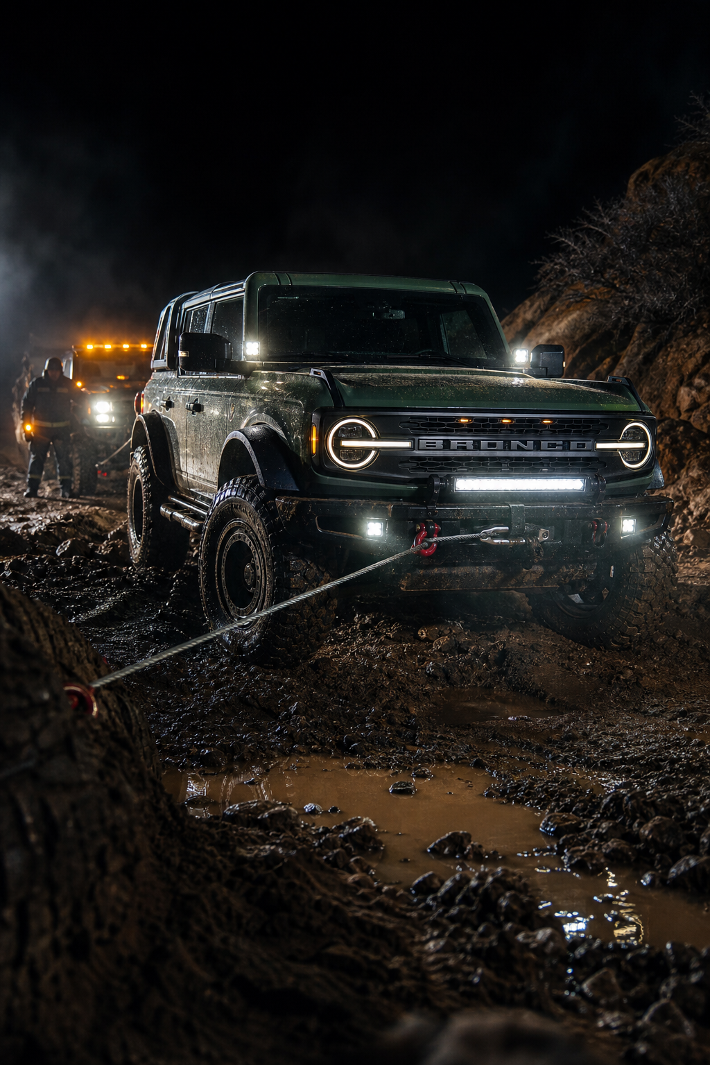 Cactus green Ford Bronco using a front winch and recovery lights during a nighttime mud extraction