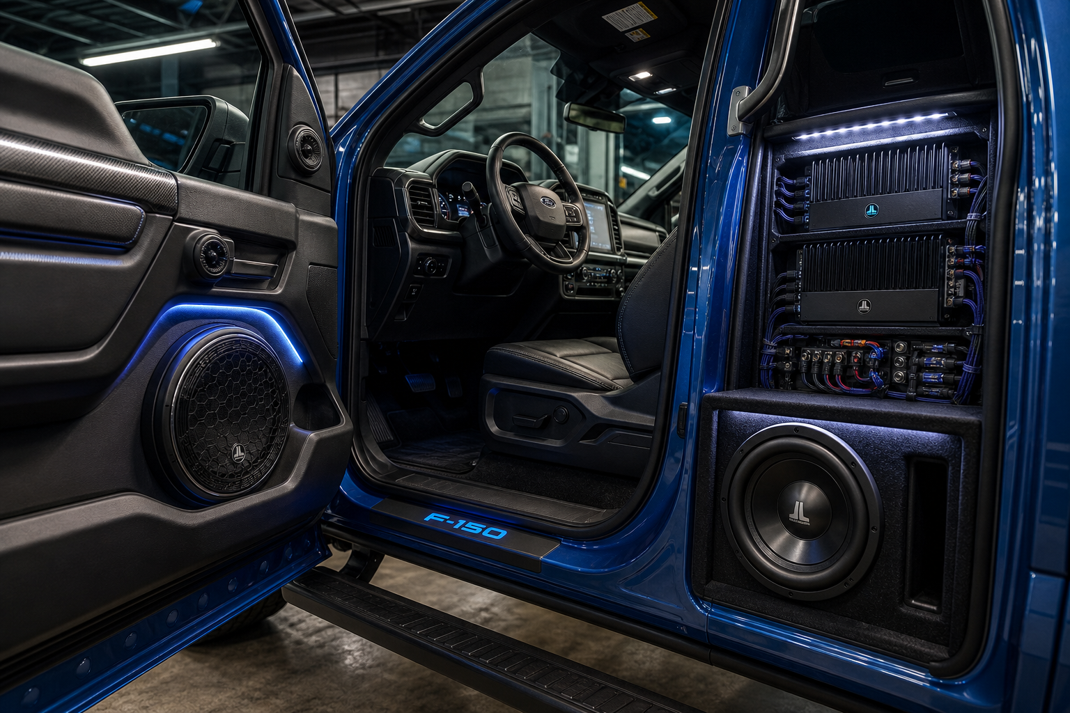 Interior of a blue Ford F-150 showing premium custom door speakers, amplifier rack, and clean audio wiring layout
