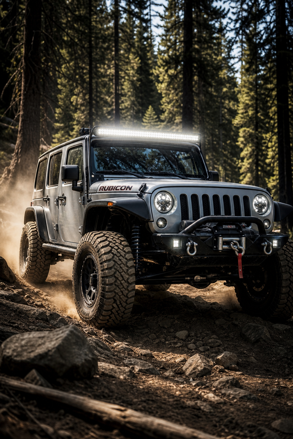 Silver Jeep Wrangler with high-clearance suspension and bright LED light bar driving through a forest trail