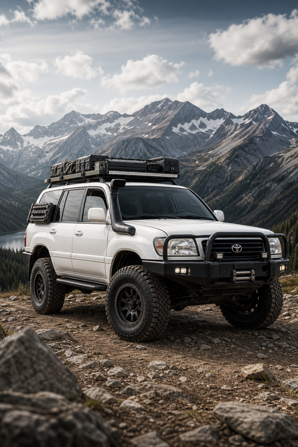 White Toyota Land Cruiser with lifted suspension, beadlock wheels, and roof cargo system on an alpine dirt pass