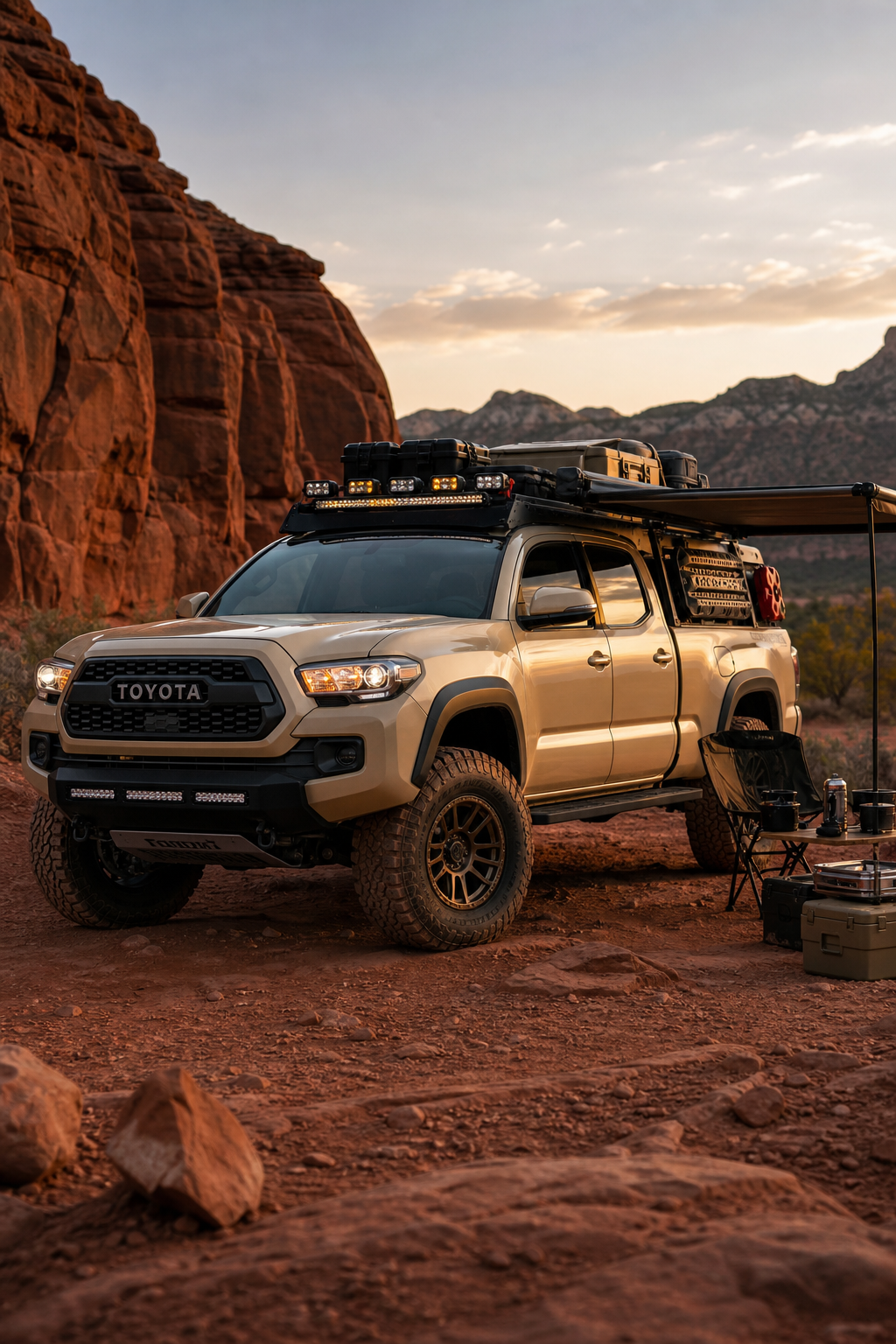 Desert tan Toyota Tacoma with bed rack, side awning, and all-terrain tires at a campsite near red rock formations