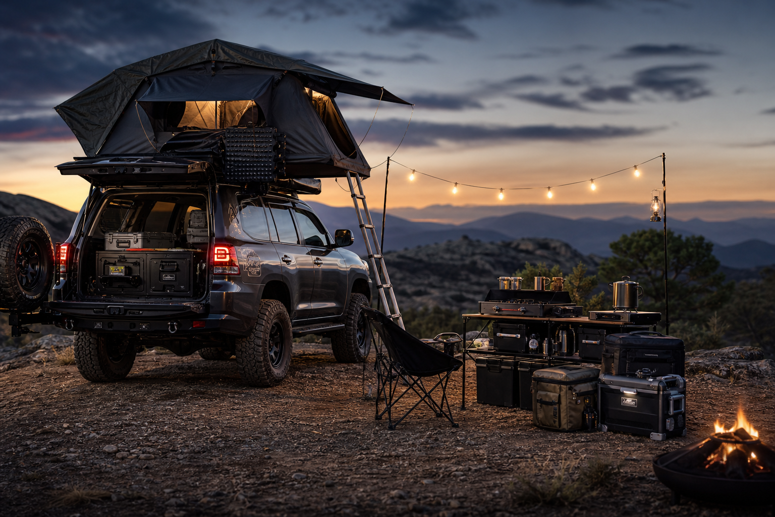Overlanding camp setup with roof tent and trail gear