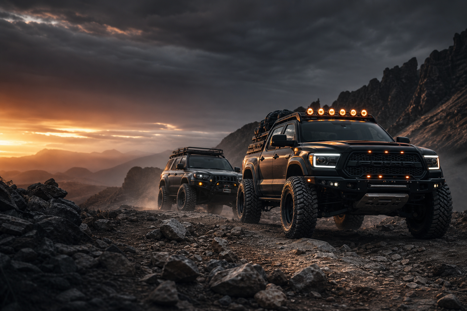 Cinematic off-road scene with lifted trucks on a rugged mountain trail at dusk