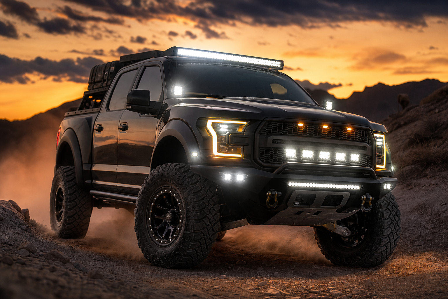 Off-road truck with bright LED light bars and pods