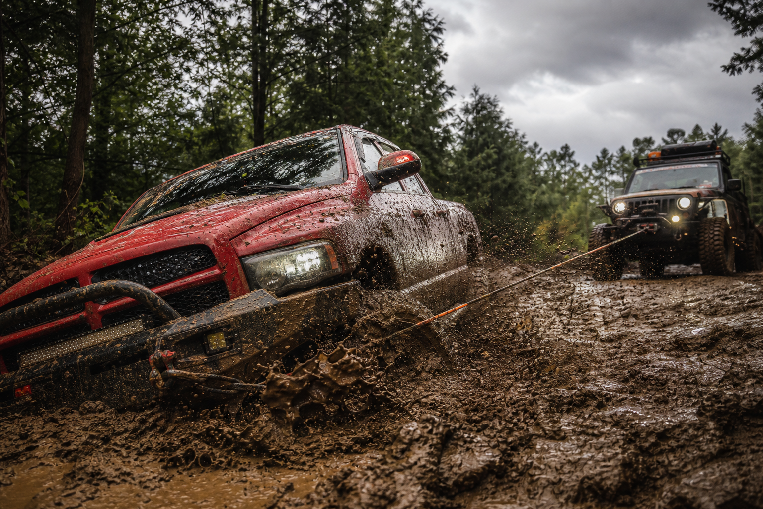 Recovery team pulling a mud-stuck pickup with a kinetic rope
