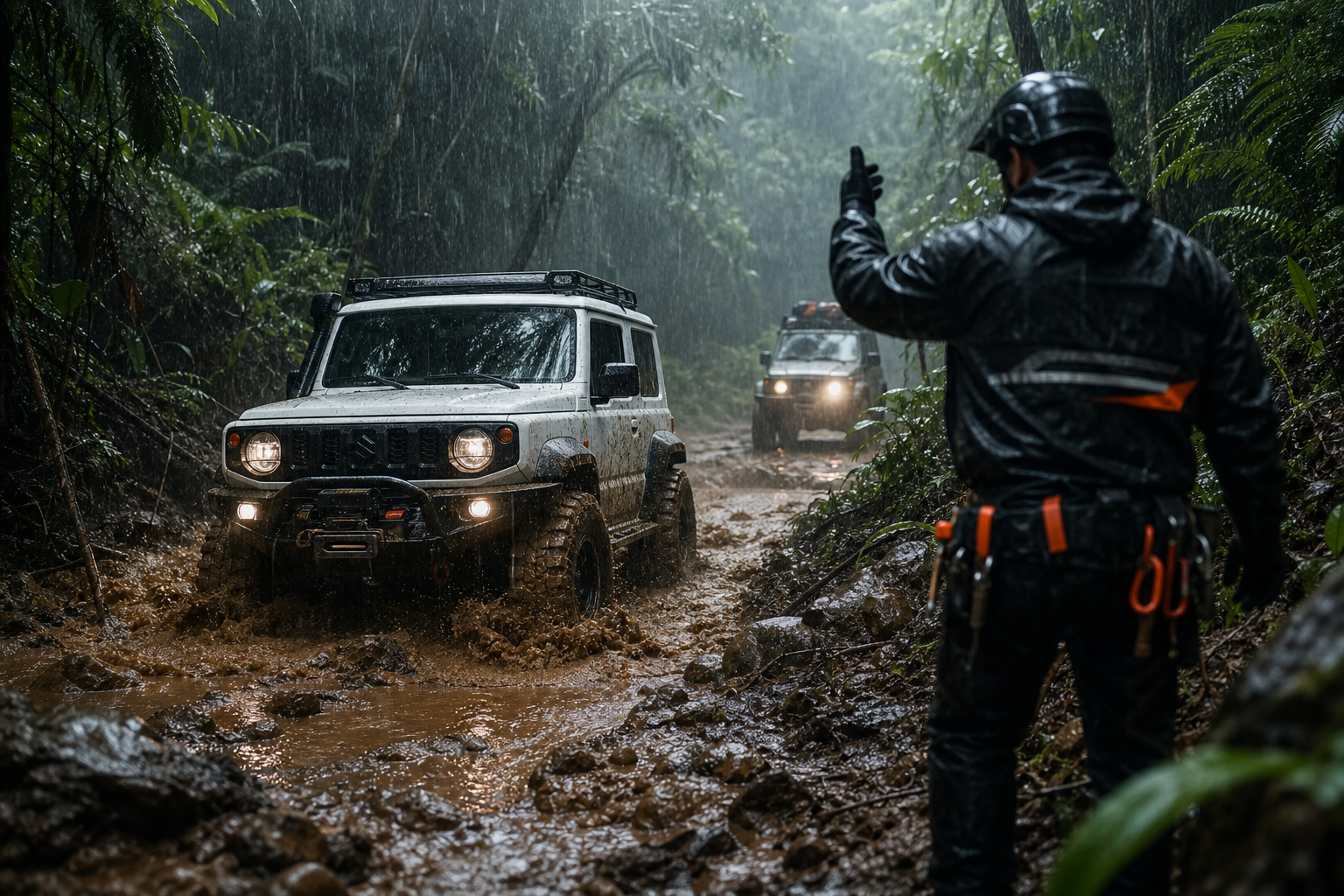 Recovery operator guiding a vehicle through deep ruts in rain