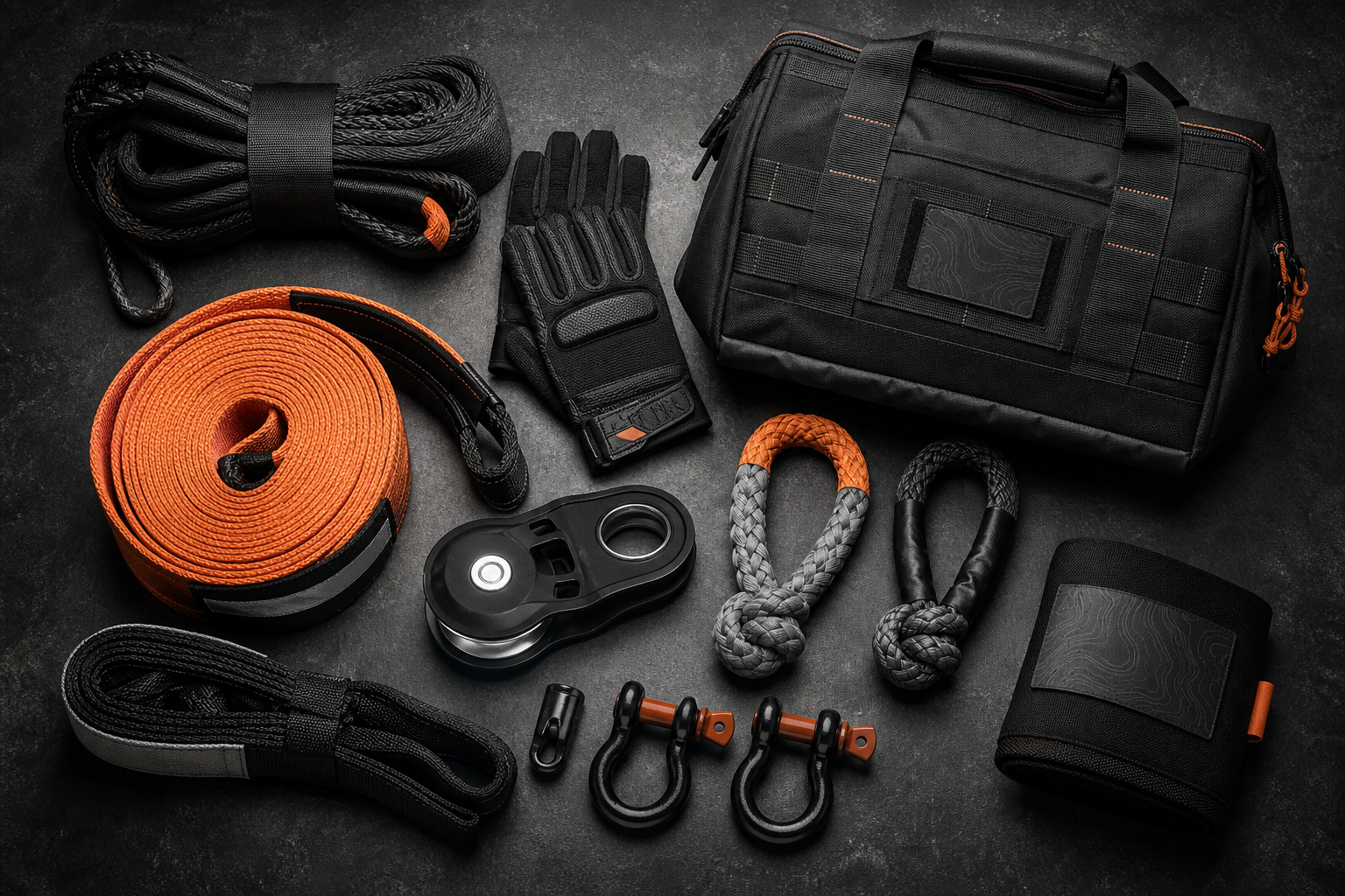 Recovery gear kit with straps shackles and gloves