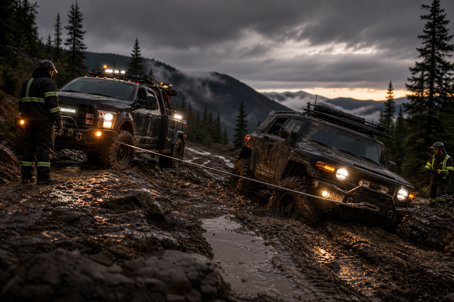 Off-road recovery truck using a winch to pull a stuck SUV from deep trail mud at dusk