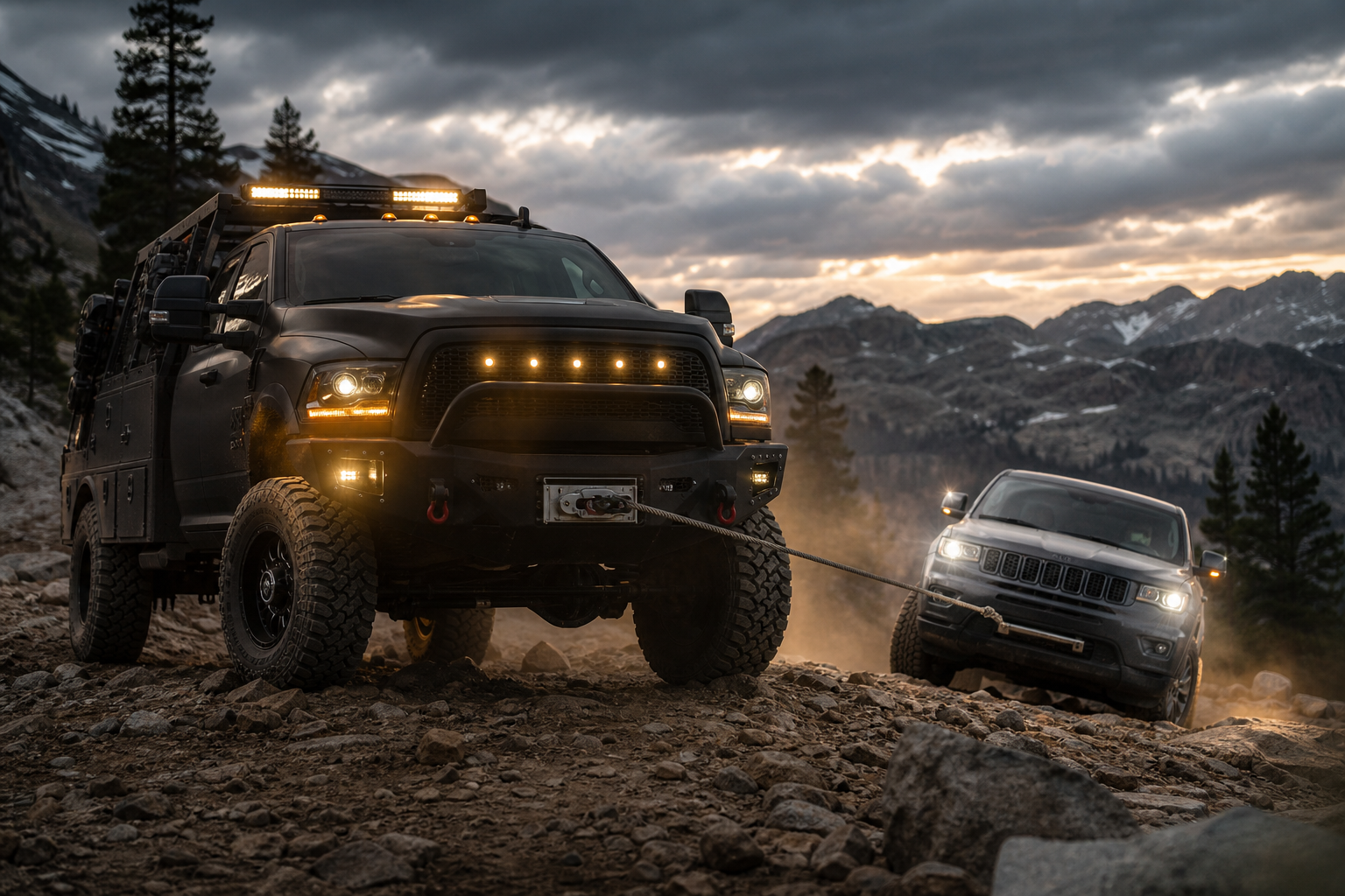 Lifted off-road truck winching another SUV on a rocky trail at dusk