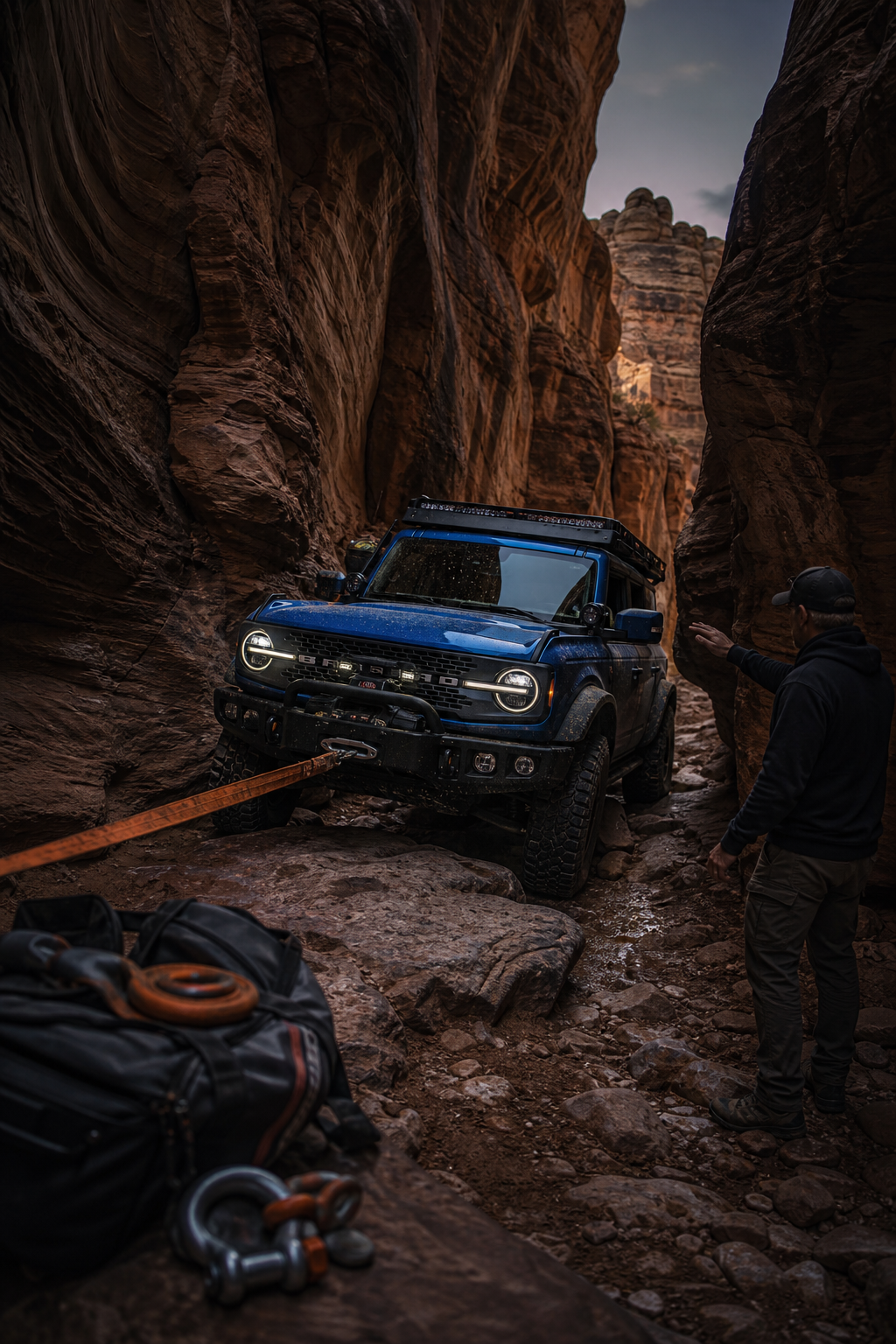 4x4 rig performing a controlled strap pull in a narrow rock canyon