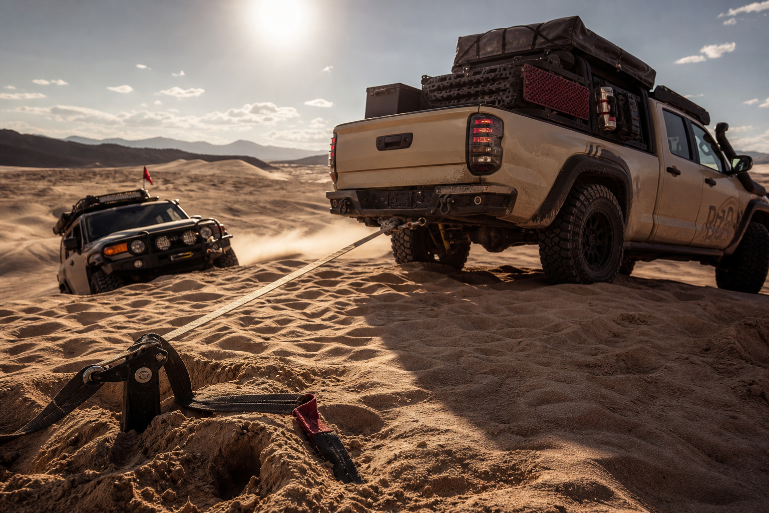 Off-road vehicle anchored for a sand dune winch pull under harsh sunlight