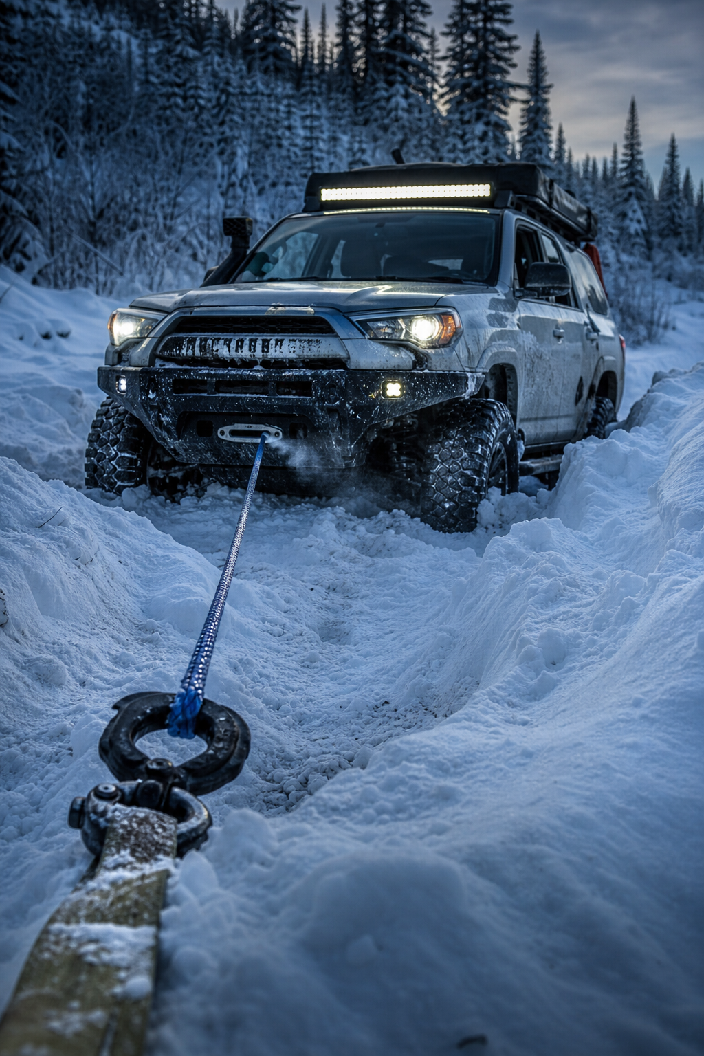 Winch line tensioned as a 4x4 is extracted from frozen snow ruts