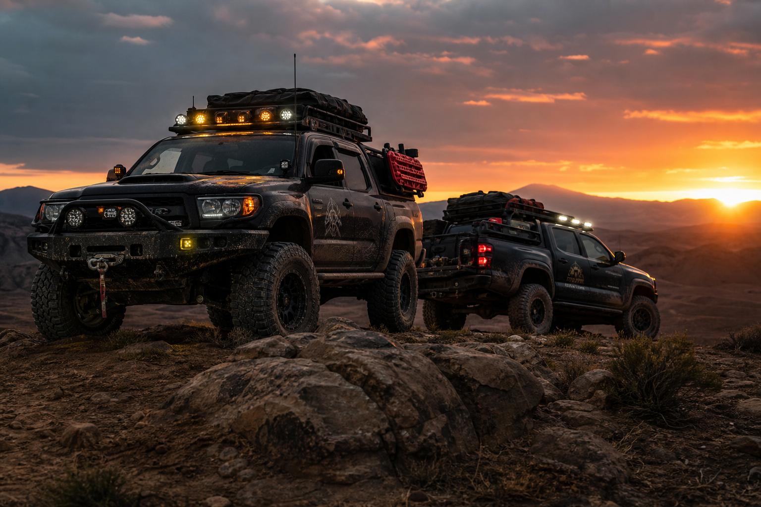 Support convoy parked at sunset after completing a remote trail assist