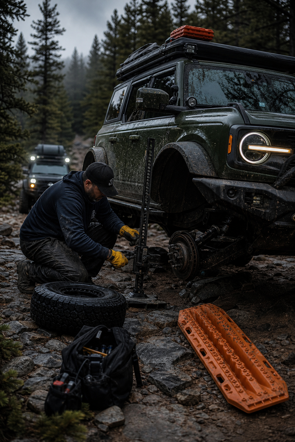 Crew stabilizing an overland SUV during a trailside tire recovery