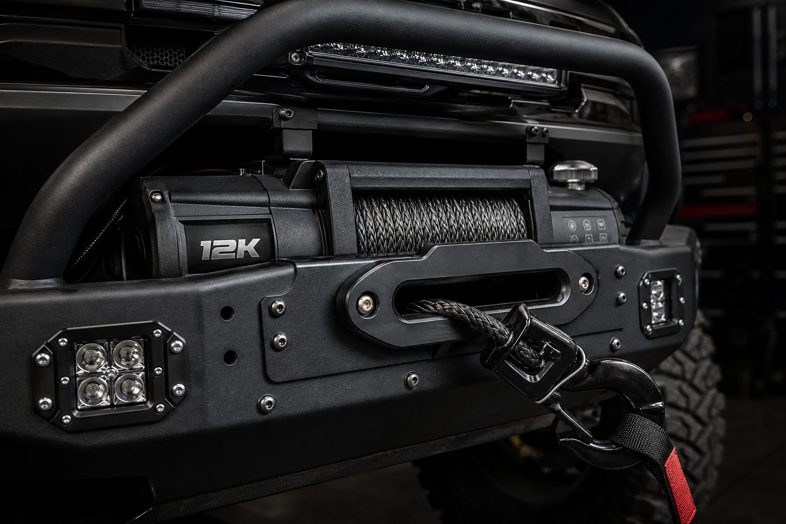 Heavy-duty winch mounted to an off-road front bumper