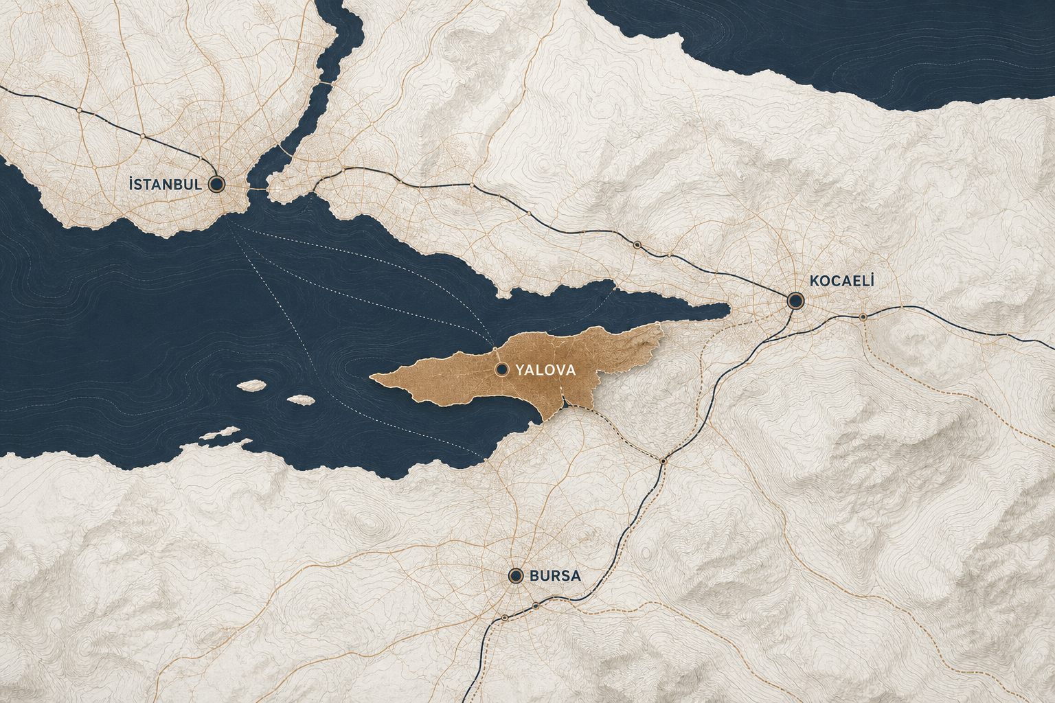 Yalova merkezli, İstanbul, Kocaeli ve Bursa bağlantılarını; kıyı, erişim ve gelişim odaklarını gösteren profesyonel bölgesel şema haritası