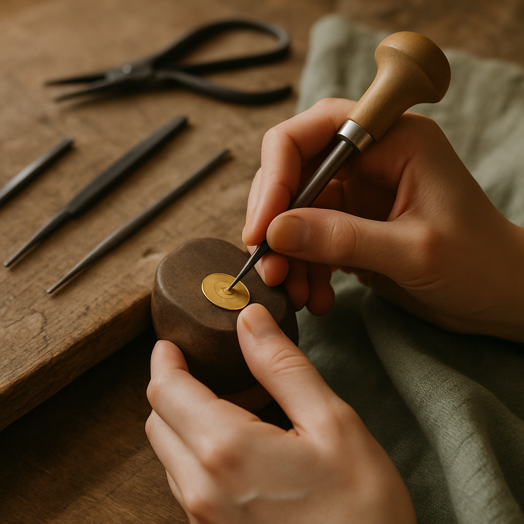 Warm lifestyle scene of hands engraving a small gold pendant on a wooden workbench
