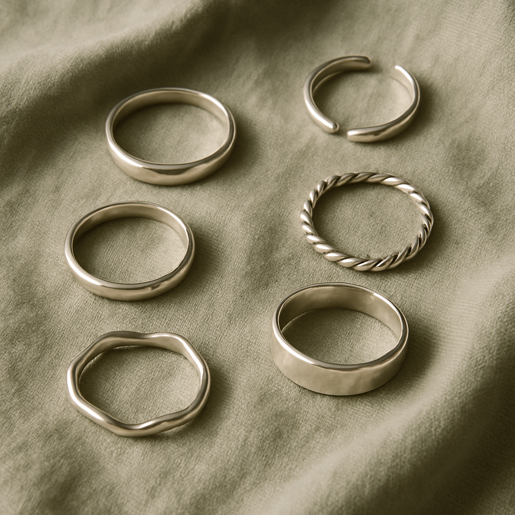 Sterling silver rings on linen